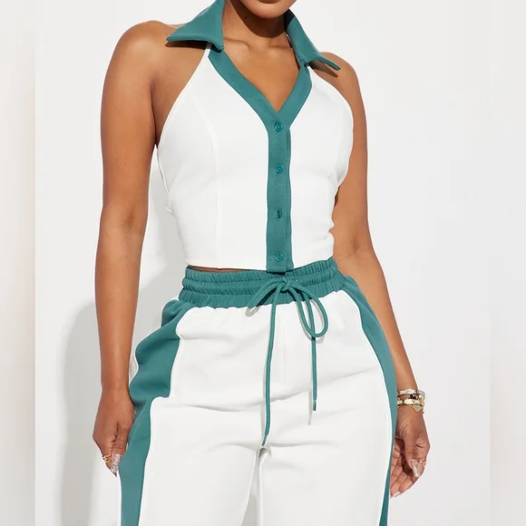 White and Teal Fashion Nova Pants Set - Picture 1 of 3